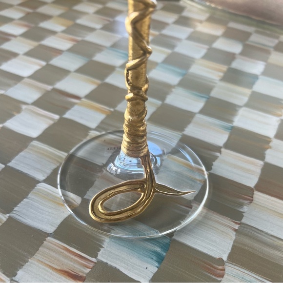 Murano Art Glass Green & Gold Gilt Wine / Glasses 8-3/4 Tall Set of 2 Italy - Picture 4 of 6